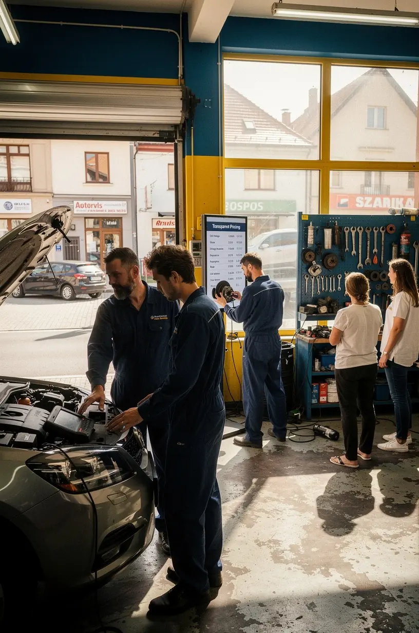 Zákazník konzultuje rozsah opravy svojho vozidla s odborným mechanikom v profesionálnom servise.